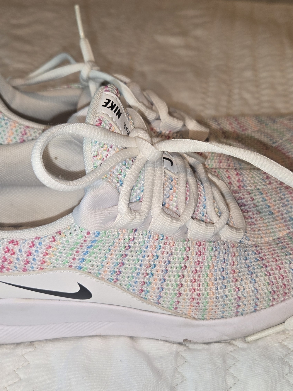 Nike White Knit Sneakers with Pastel Rainbow Speckles